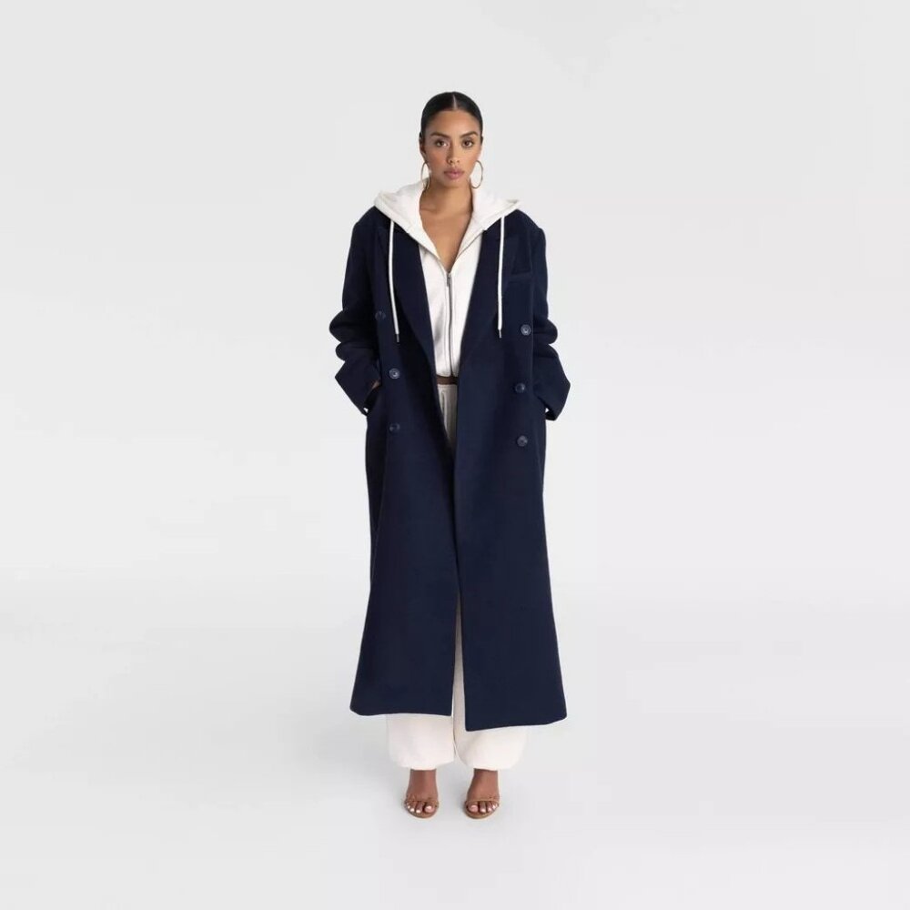 KBB by Kahlana The Maxi Coat Navy Blue Wool Blend Full Length Coat - Size Large